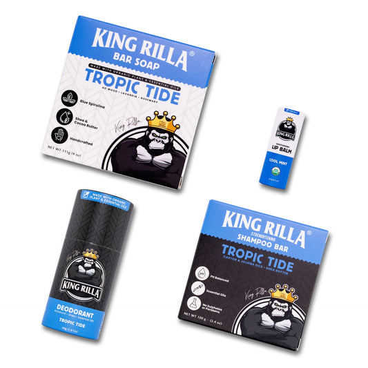 King Rilla Tropic Tide product line including soap, shampoo bar, deodorant, and lip balm on a white background.