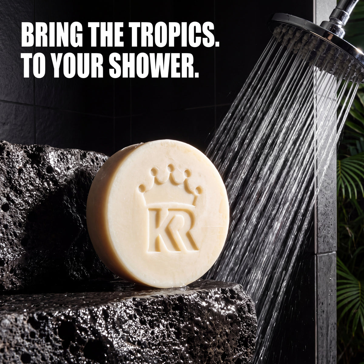 Tropic Tide bar soap in a dark stone shower