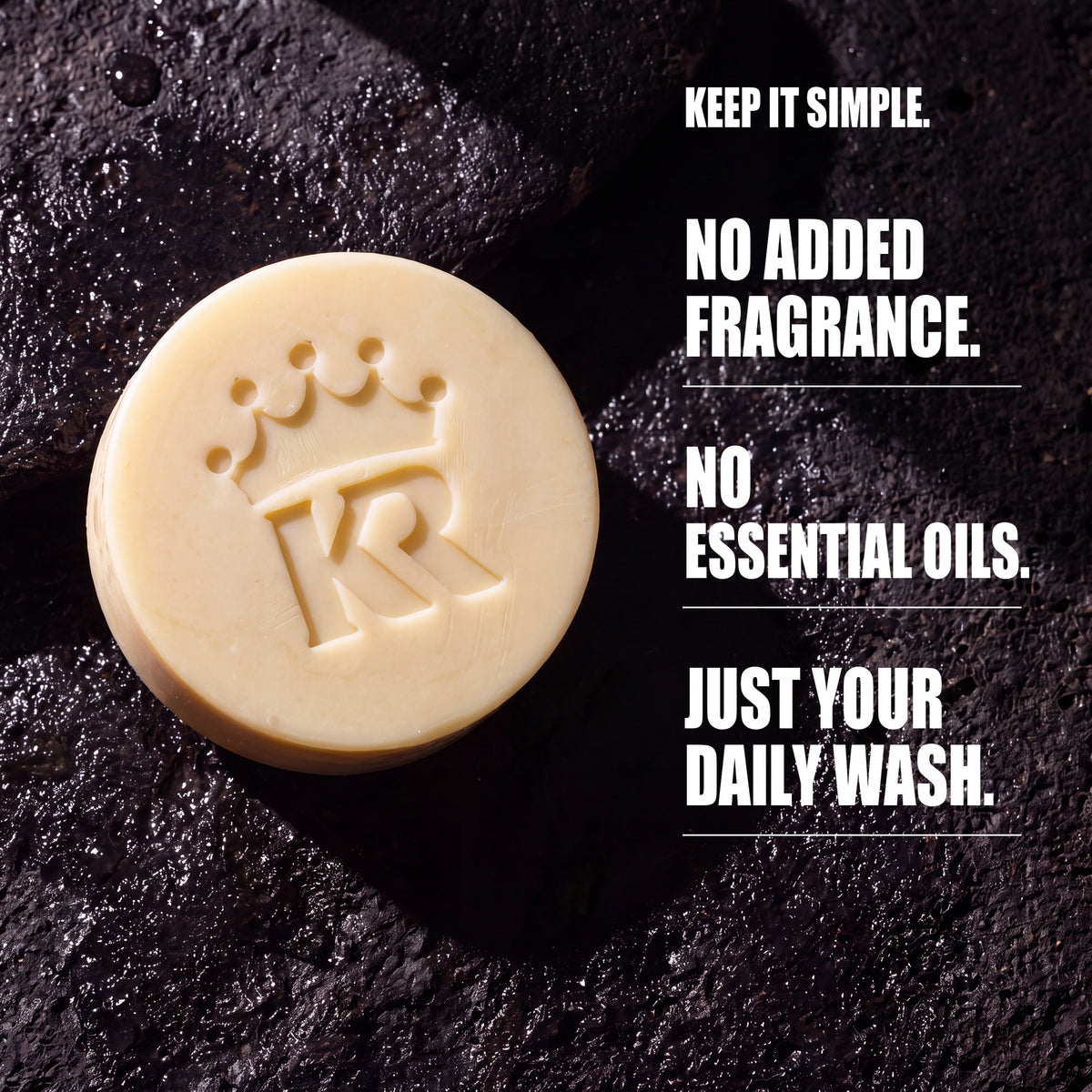 Unscented soap on wet black stone: no added fragrance or essential oils