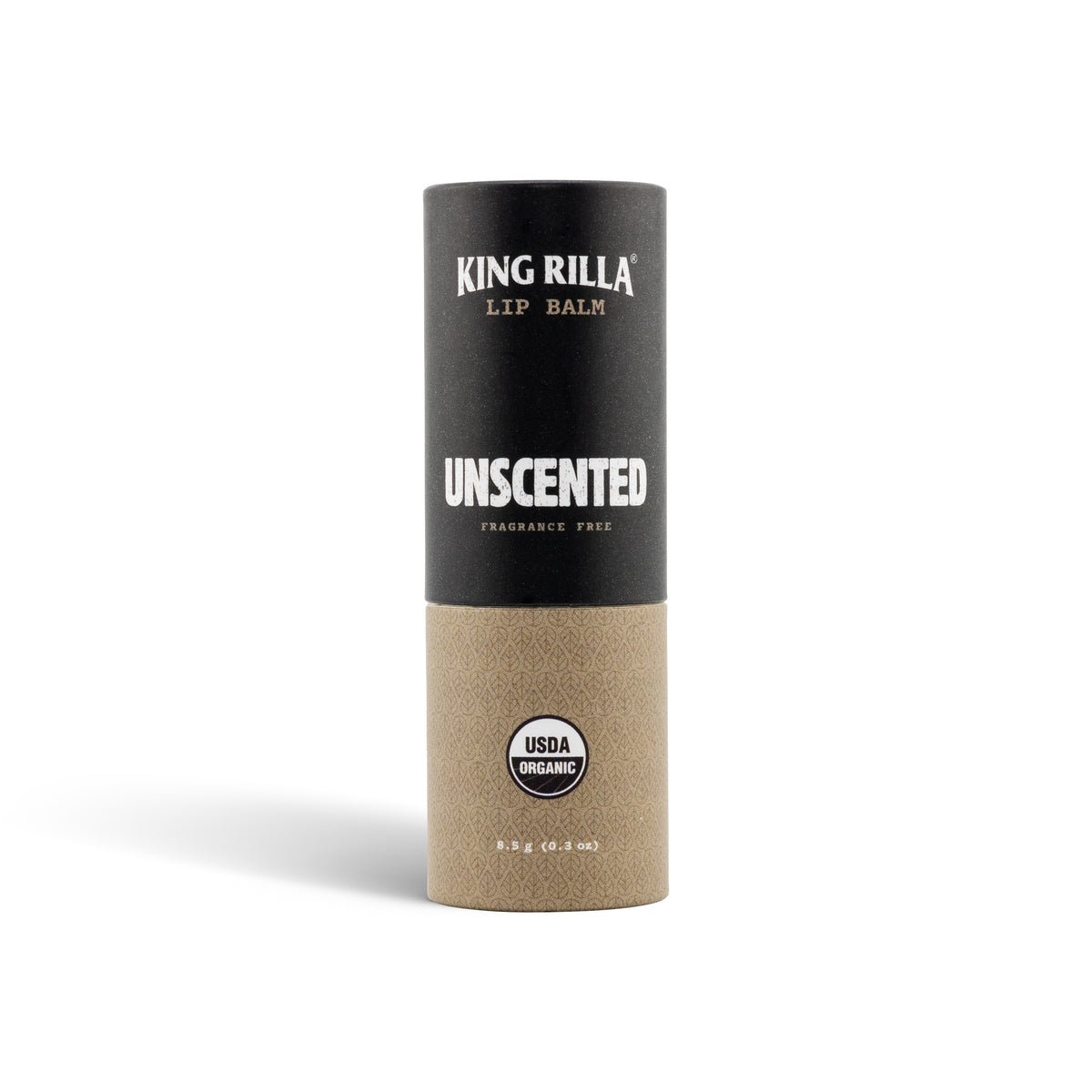 Unscented lip balm in black and tan packaging on white