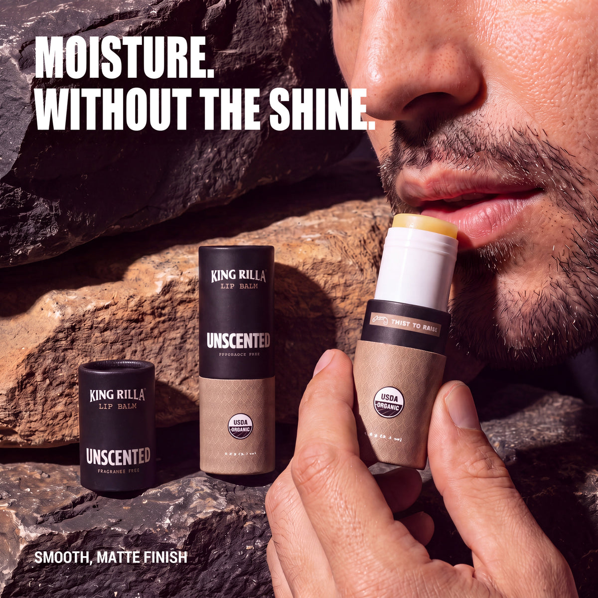 Man applying Unscented lip balm with matte moisture headline