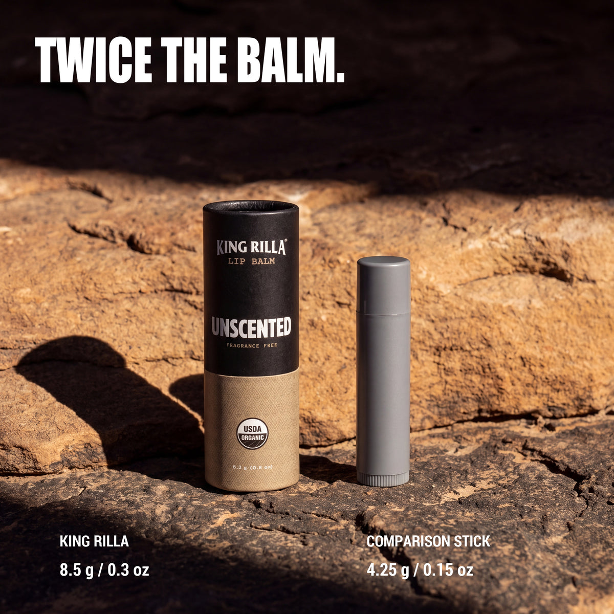King Rilla 8.5 gram lip balm beside a 4.25 gram comparison stick
