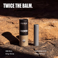 King Rilla 8.5 gram lip balm beside a 4.25 gram comparison stick