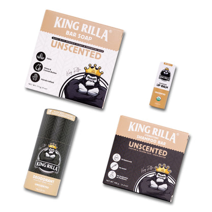 King Rilla bar soap, shampoo bar, and lip balm on a white background