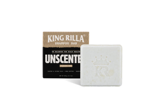 King Rilla Unscented shampoo bar beside its box on white